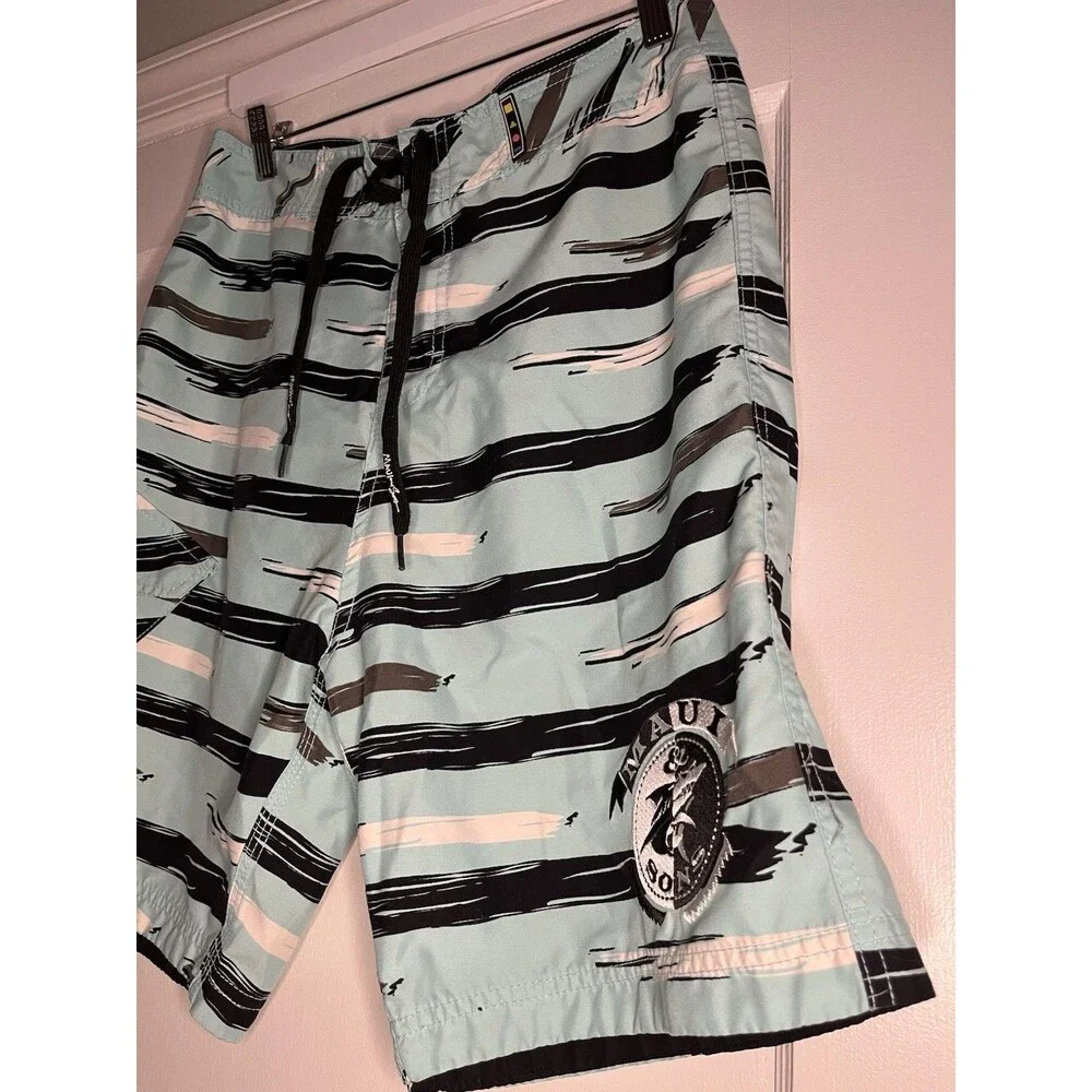 Maui and Sons Board Shorts Striped Light Blue Black Men's Pockets